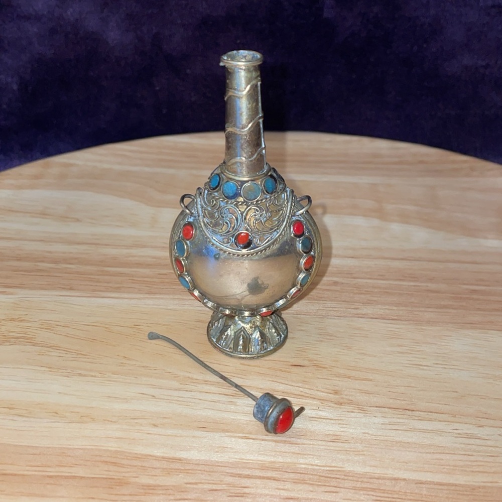 Vintage Silver Tibetan Decorative Bottle with Red & Blue Accents - Picture 5 of 5